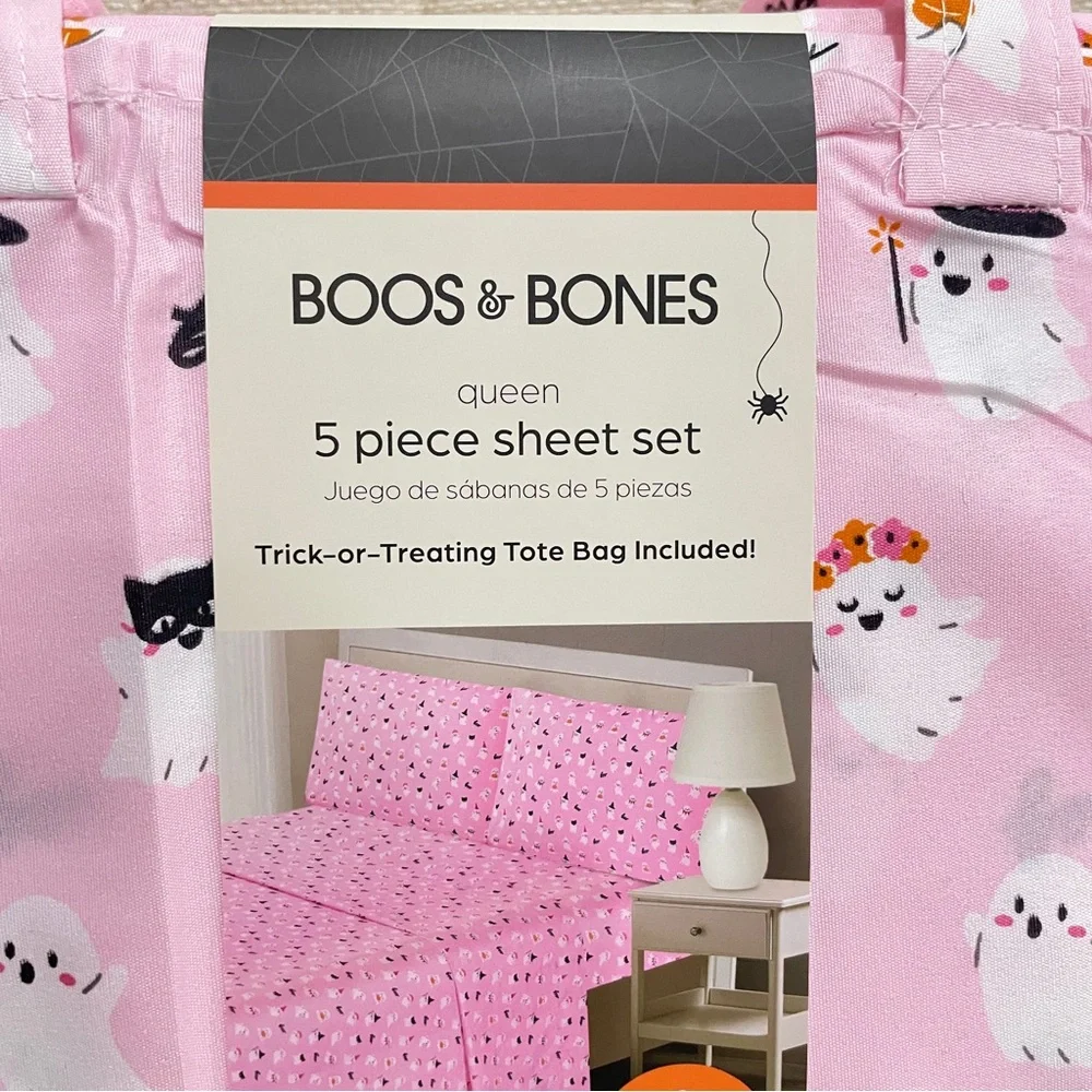 NEW Boos & Bones Pink Halloween Ghost Queen 5 Piece Sheet Set with Reusable Tote
